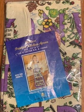 Vintage Unitex Kitchen Apron NIP Countryside Alphabet Cotton Purple Floral New